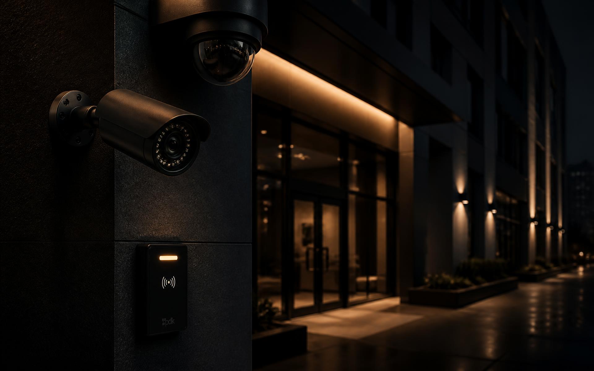Security cameras and access control reader on a modern building at night
