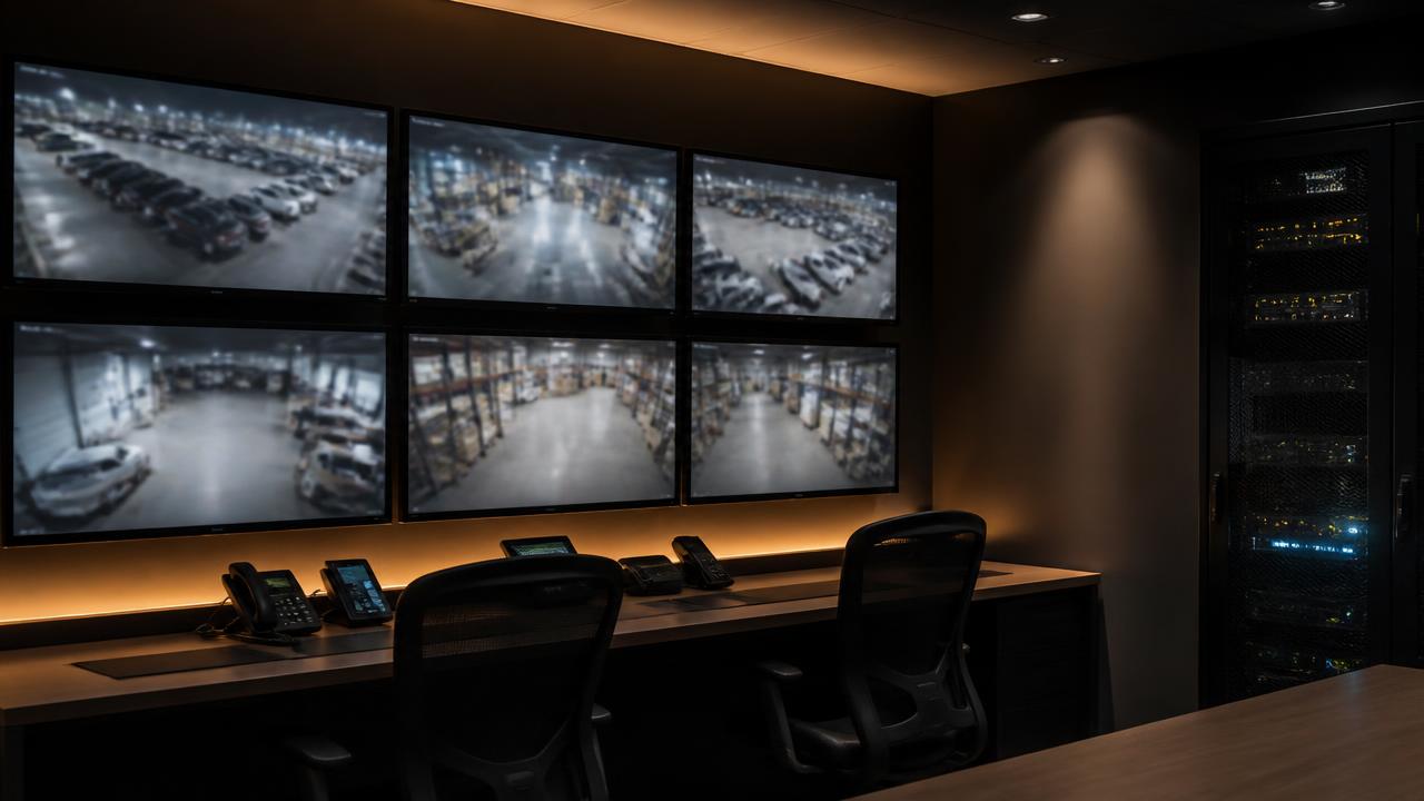 Security operations room with monitors showing live CCTV camera feeds and networked storage equipment